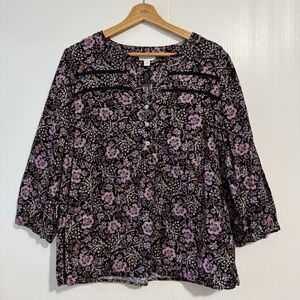 J Jill Black Floral Corduroy Peasant Blouse Sz M Petite Shirt  Cotton Lyocell